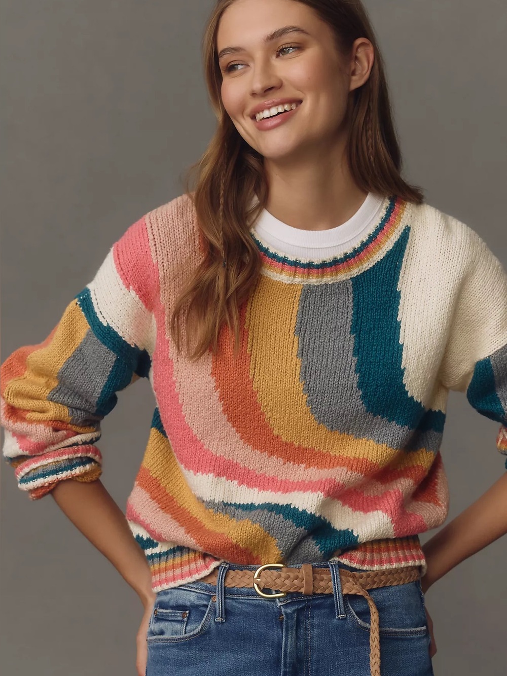 MOTHER The Itsy Cropped Jumper Sweater Hypnotize Rainbow Waves Fall Medium